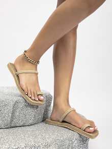 女式趾環平底涼鞋夏季度假亞麻丁字涼鞋 - 卡其色 - 查看 3