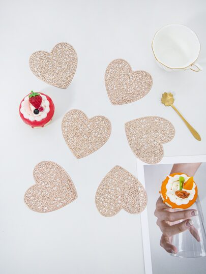 6pcs PVC Coaster, Rose Golden Heart Shaped Hollow Out Table Cup Coaster For Dining Table Decoration