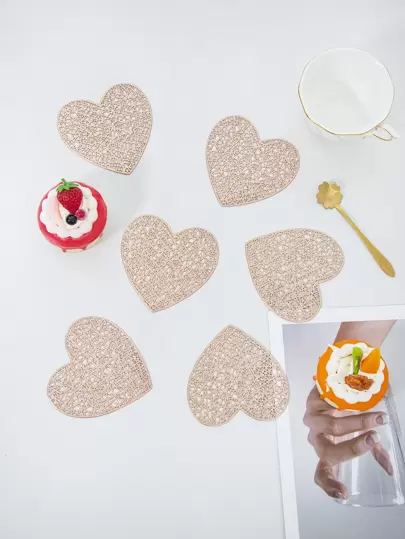 6pcs PVC Coaster, Rose Golden Heart Shaped Hollow Out Table Cup Coaster For Dining Table Decoration