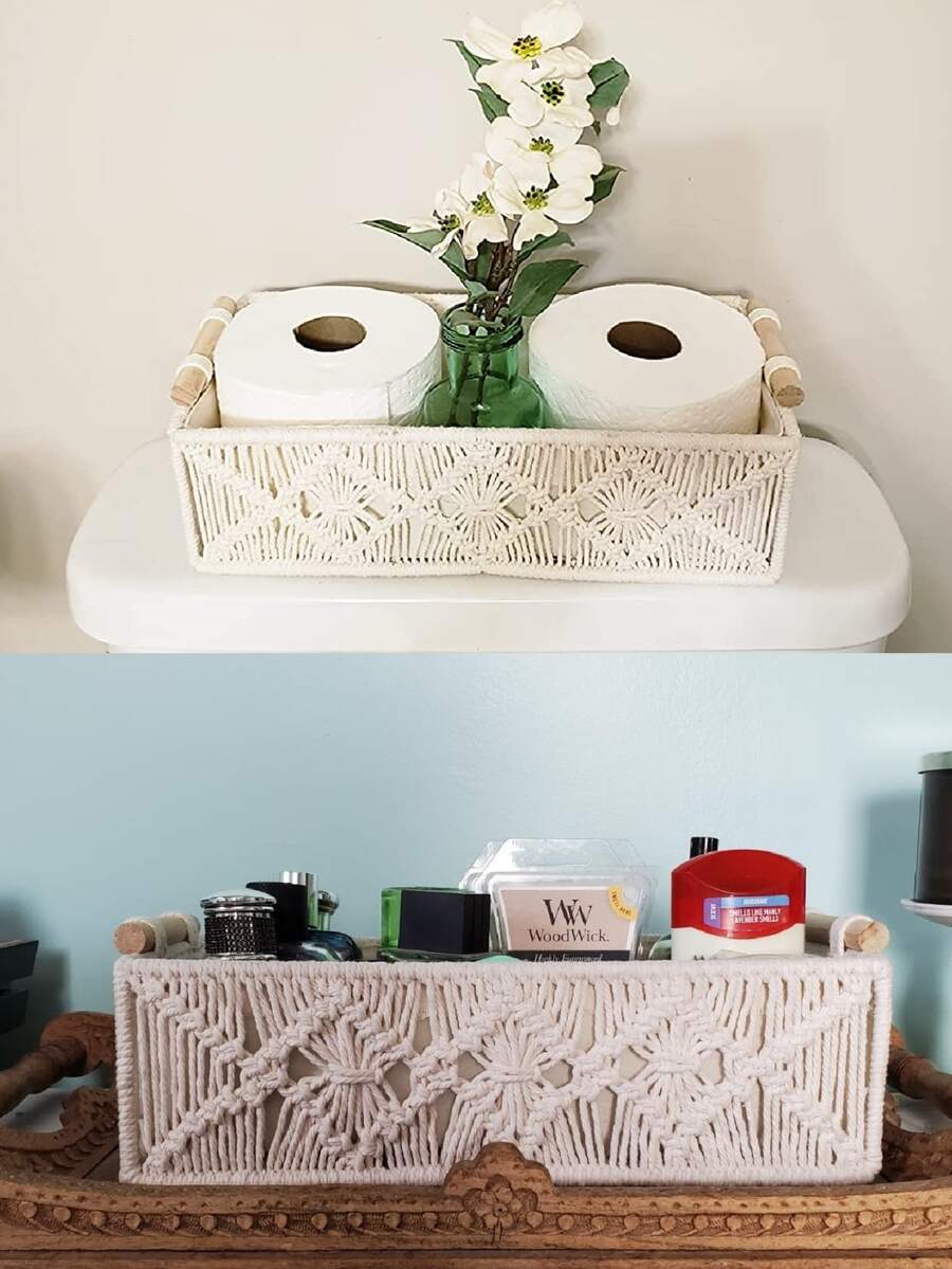 2pcs Fabric Storage Basket, Creative White Woven Design Wooden Handle