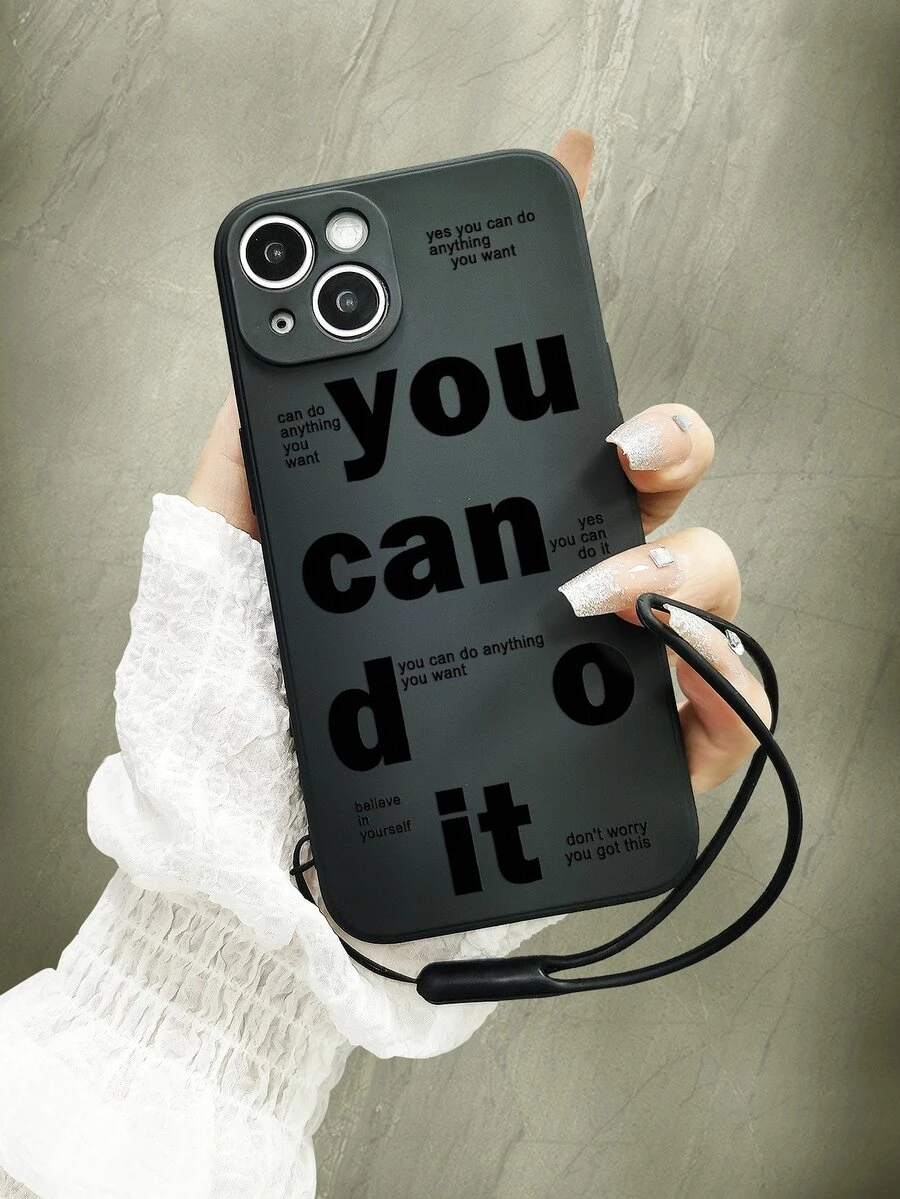 Letter Graphic Phone Case With Lanyard - Black - View 1