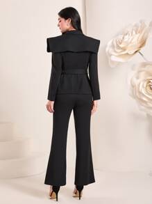 Modelyn Shoulder Pad Belted Blazer & Flare Leg Trousers Set - Black - View 2