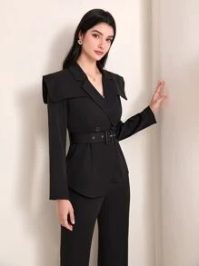 Modelyn Shoulder Pad Belted Blazer & Flare Leg Trousers Set - Black - View 3