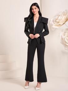 Modelyn Shoulder Pad Belted Blazer & Flare Leg Trousers Set - Black - View 4