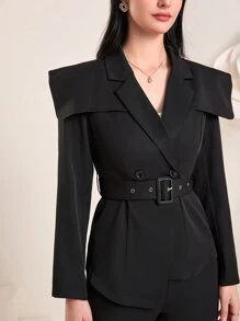 Modelyn Shoulder Pad Belted Blazer & Flare Leg Trousers Set - Black - View 5