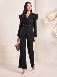 Modelyn Shoulder Pad Belted Blazer & Flare Leg Trousers Set - Black - View 6