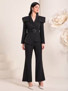Modelyn Shoulder Pad Belted Blazer & Flare Leg Trousers Set - Black - View 7