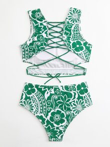 Floral Print Lace Up Back High Waisted Summer Beach Bikini - Green - View 3