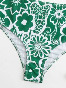 Floral Print Lace Up Back High Waisted Summer Beach Bikini - Green - View 4