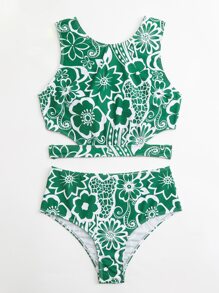 Floral Print Lace Up Back High Waisted Summer Beach Bikini - Green - View 5
