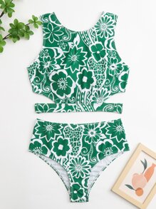 Floral Print Lace Up Back High Waisted Summer Beach Bikini - Green - View 7