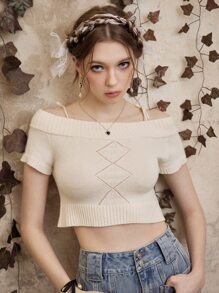 ROMWE Fairycore Solid Cold Shoulder Knit Top - Apricot - View 1