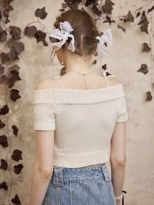 ROMWE Fairycore Solid Cold Shoulder Knit Top - Apricot - View 2