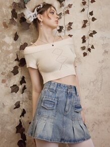 ROMWE Fairycore Solid Cold Shoulder Knit Top - Apricot - View 4