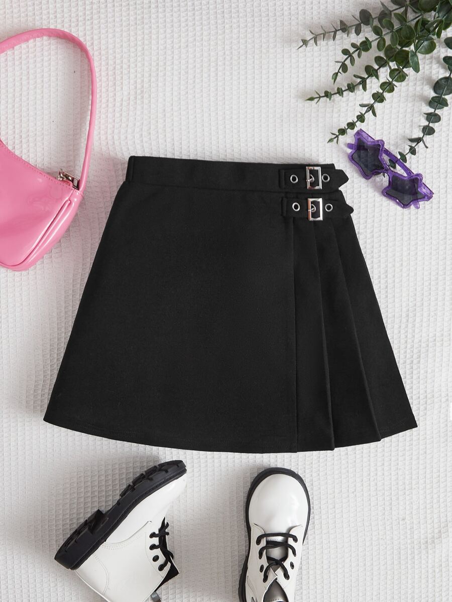 SHEIN 女孩素色百褶帶扣細節半身裙