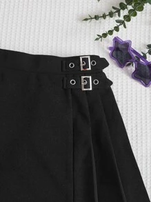 SHEIN 女孩素色百褶帶扣細節半身裙