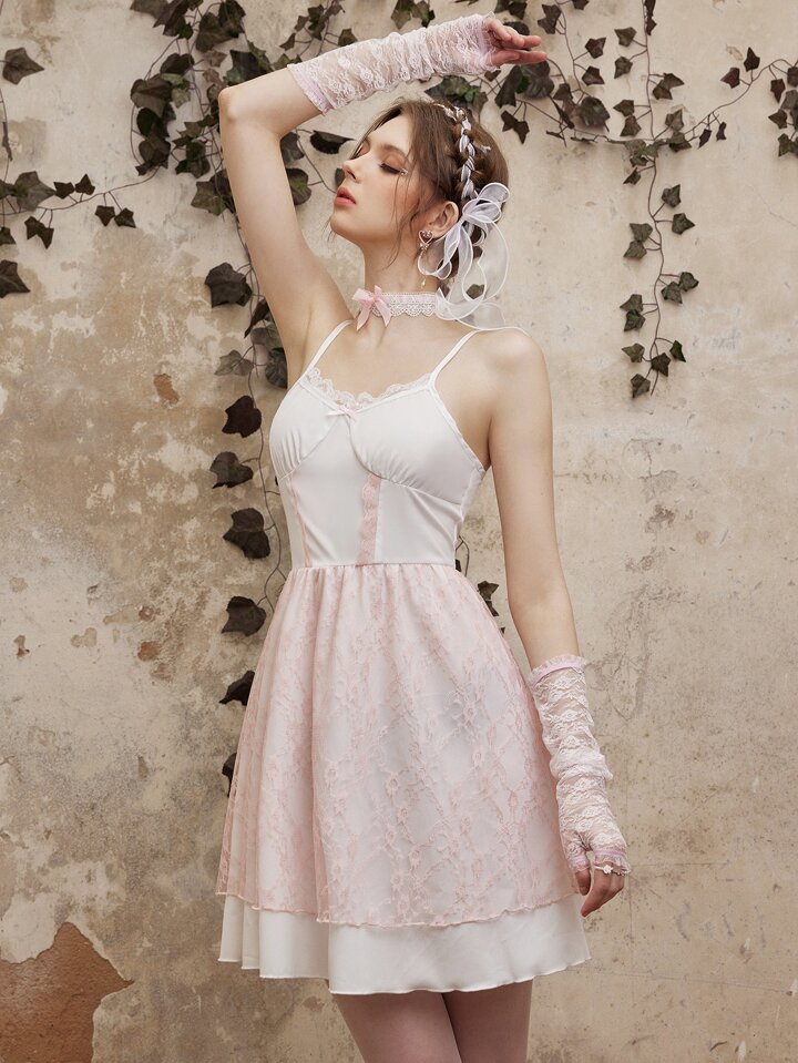 Our Fairycore Color-block Lace Cami Dress is such a vibe - ROMWE