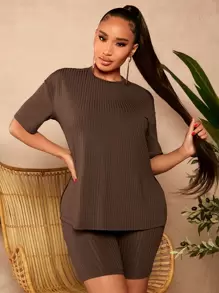 SHEIN SXY Bộ đồ hai mảnh nữ Gân đan màu trơn Giải trí - màu nâu - Xem 1