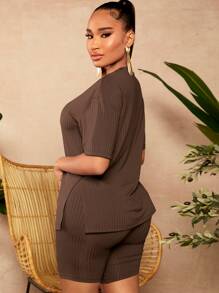 SHEIN SXY Bộ đồ hai mảnh nữ Gân đan màu trơn Giải trí - màu nâu - Xem 2