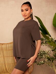 SHEIN SXY Bộ đồ hai mảnh nữ Gân đan màu trơn Giải trí - màu nâu - Xem 3