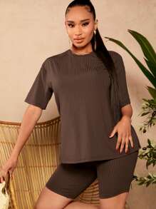 SHEIN SXY Bộ đồ hai mảnh nữ Gân đan màu trơn Giải trí - màu nâu - Xem 6