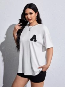 SHEIN EZwear Plus Letter Patched Drop Shoulder Tee - White - View 6