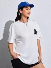 SHEIN EZwear Plus Letter Patched Drop Shoulder Tee - White - View 2