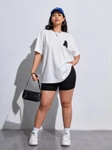 SHEIN EZwear Plus Letter Patched Drop Shoulder Tee - White - View 1