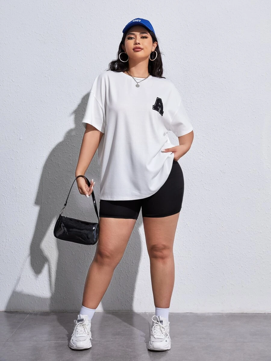 SHEIN EZwear Plus Letter Patched Drop Shoulder Tee - White - View 1