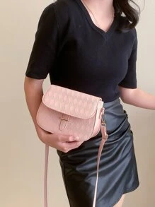 迷你幾何浮雕金屬鎖翻蓋馬鞍包 - 粉色 - 查看 7