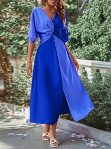 SHEIN VCAY Two Tone Twist Front Batwing Sleeve Dress - Blue - View 5