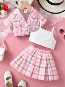 嬰兒格紋印花西裝領襯衫和百褶半身裙和吊帶上衣 - 彩色 - 查看 7