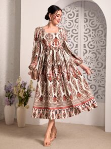 Divindia 滿版圖案方領燈籠袖荷葉邊連衣裙