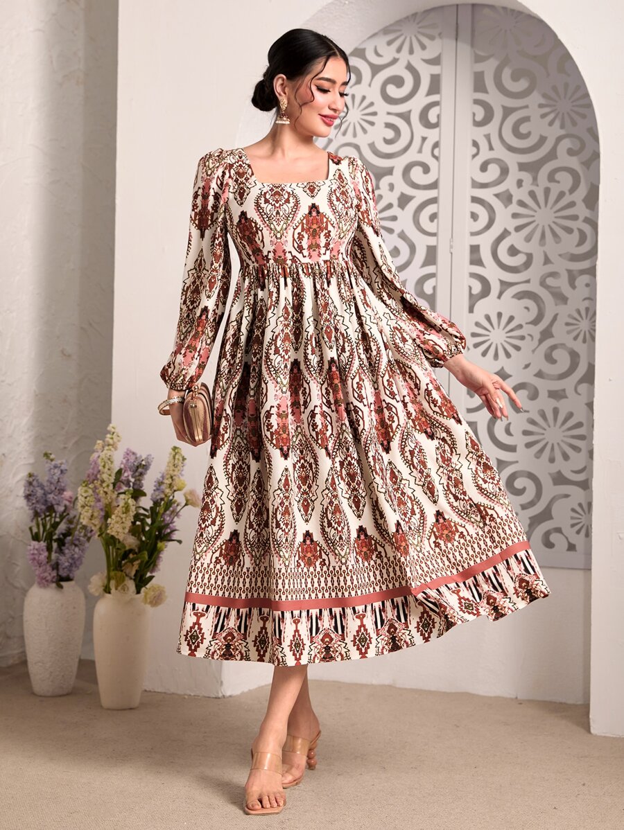 Divindia 滿版圖案方領燈籠袖荷葉邊連衣裙