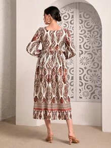 Divindia 滿版圖案方領燈籠袖荷葉邊連衣裙