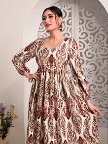 Divindia 滿版圖案方領燈籠袖荷葉邊連衣裙