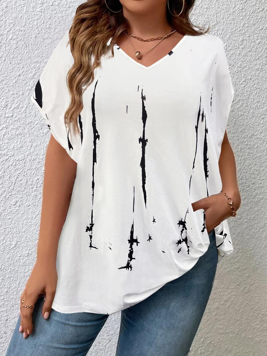 SHEIN LUNE Plus Tie Dye Print Batwing Sleeve Tee Graphic Tees Women Tops - White - View 1