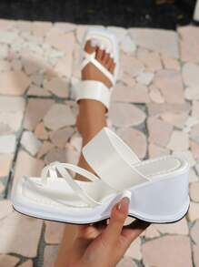 Women Toe Post Sandals, Fashion White Wedge Slide Sandals - White - View 4