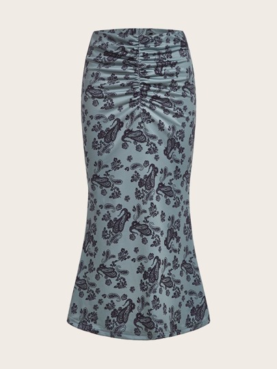 Paisley Print Ruched Mermaid Hem Skirt