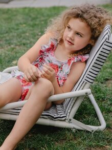 Young Girl Floral Print Ruffle Trim Bikini Set Summer Beach - Mauve Purple - View 11