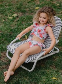 Young Girl Floral Print Ruffle Trim Bikini Set Summer Beach - Mauve Purple - View 1