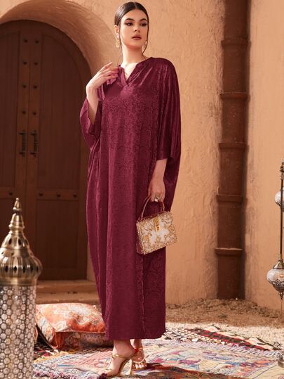 Al Najma Jacquard Notched Neck Batwing Sleeve Kaftan, Modest Arabian Dress