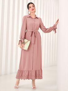 Modelyn 打結袖口網眼刺繡腰帶襯衫連衣裙 - 藕粉色 - 查看 1