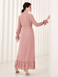 Modelyn 打結袖口網眼刺繡腰帶襯衫連衣裙 - 藕粉色 - 查看 2