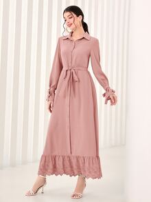 Modelyn 打結袖口網眼刺繡腰帶襯衫連衣裙 - 藕粉色 - 查看 3