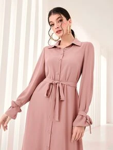 Modelyn 打結袖口網眼刺繡腰帶襯衫連衣裙 - 藕粉色 - 查看 5