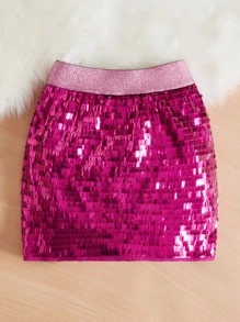 SHEIN 年輕女孩優雅的高腰珠片開叉裙，及膝長 - 玫紅色 - 查看 2