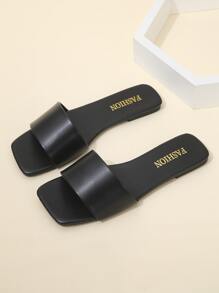 Women Single Band Flat Sandals, Elegant Black Summer Slide Sandals - Black - View 1