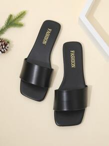 Women Single Band Flat Sandals, Elegant Black Summer Slide Sandals - Black - View 5