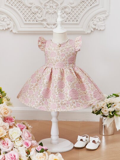 SHEIN Baby Girl Floral Jacquard Ruffle Trim Dress